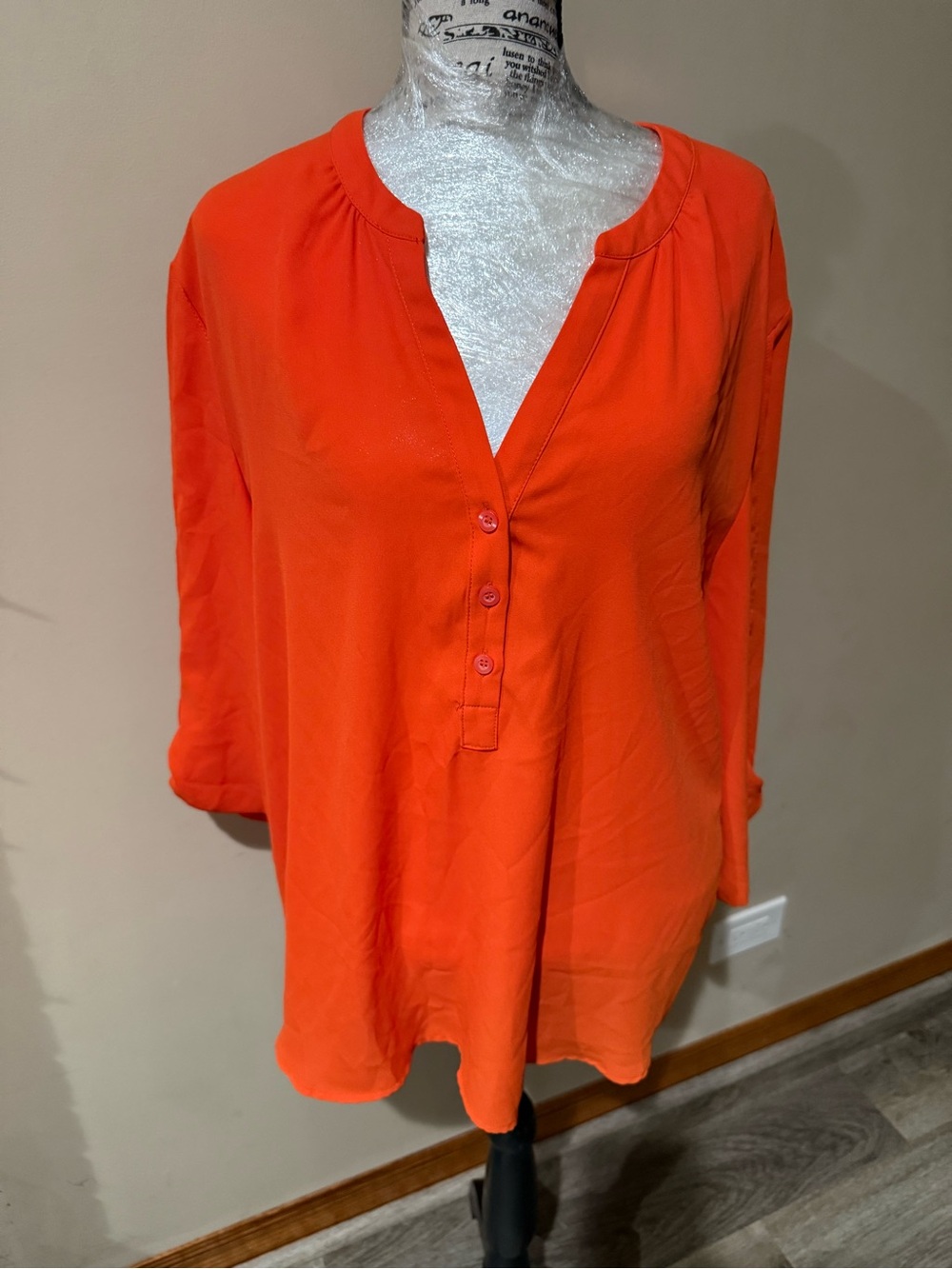 New York & Company Orange V-Neck Henley Tunic